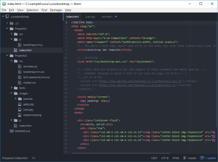 Vista de Atom, uno de los mejores editores para html, css, js y php Vista de Atom, uno de los mejores editores para html, css, js y php