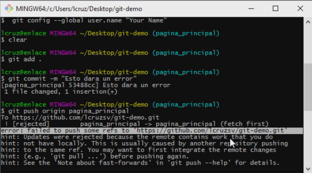 Error en git al hacer un push