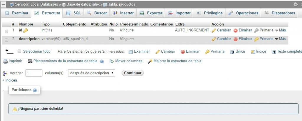 Tabla productos