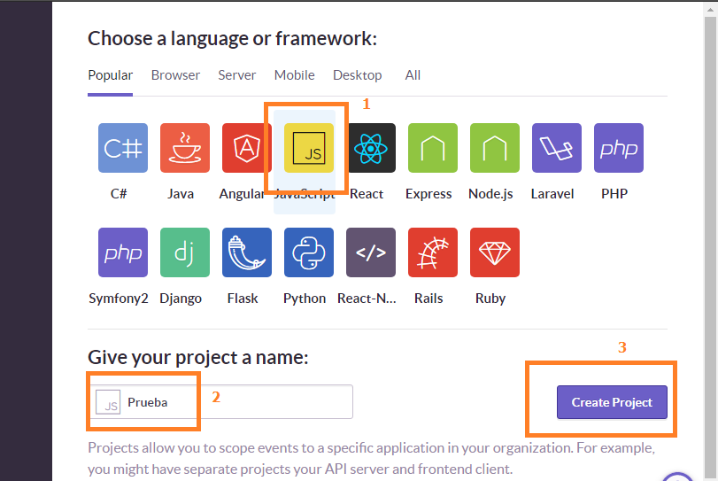 Crear proyecto sentry Crear proyecto sentry