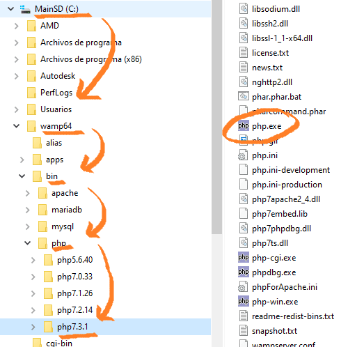 Ubicacion de archivo php.exe en Wamp