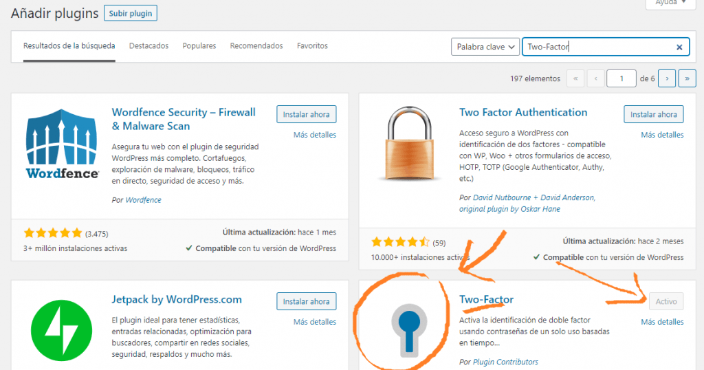 Añadir plugin Two-factor, busca este icono.
