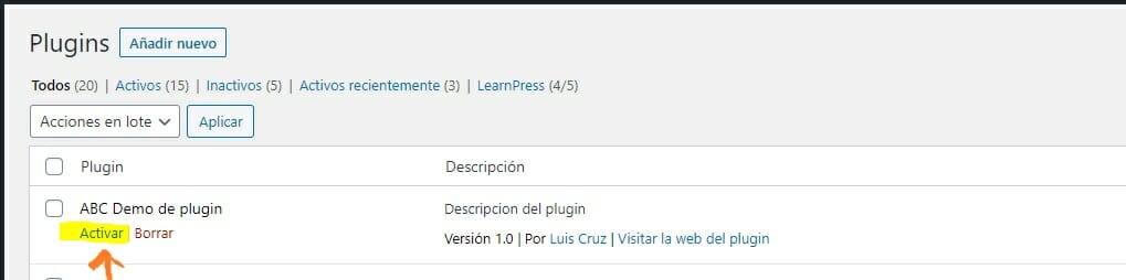 Activar plugin de WordPress