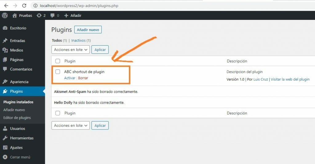 Activar el plugin de WordPress que acabamos de crear