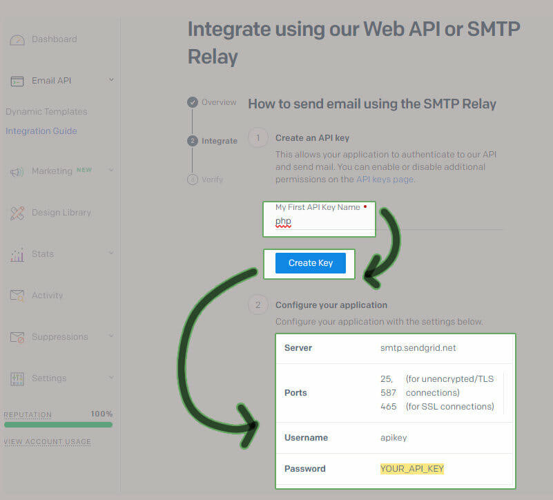 Datos de inicio de sesión para enviar correos con sendgrid y php